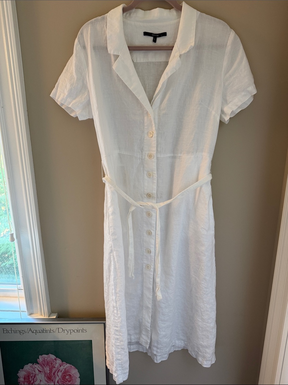 Quince White Linen Button-Front Shirt Dress with Tie Waist